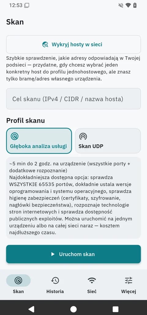 Wybierz cel i profil skanu, od szybkiego rekonesansu po głęboką analizę wszystkich 65535 portów.