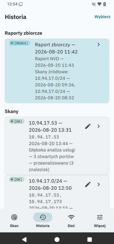 Każdy skan zapisany lokalnie, połącz kilka wyników w jeden zbiorczy raport.