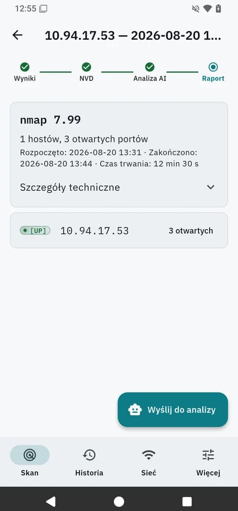 Surowy wynik nmapa gotowy do wysłania modelowi AI, bez ręcznego przepisywania danych.