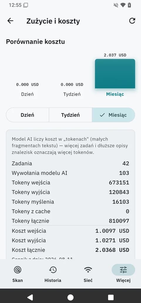 Przejrzysty koszt analizy AI, liczba wywołań modelu i cena w USD na bieżąco.