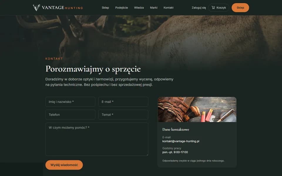 Formularz kontaktowy z danymi firmowymi i godzinami pracy.